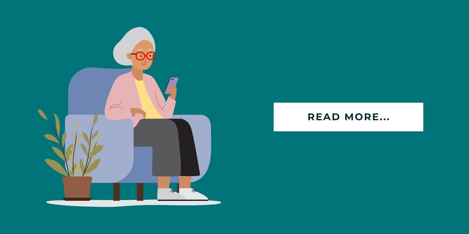 Blog Header Illustration of a senior sitting and looking at their phone and it says 'read more'